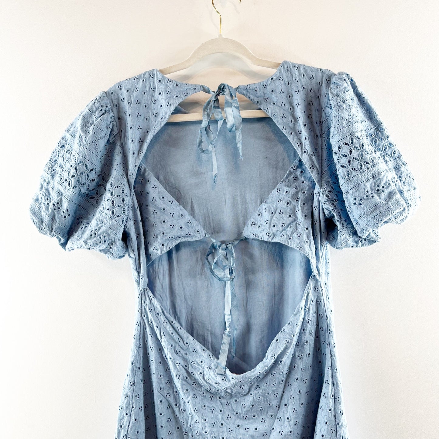 Free People Apricot Rose Puff Short Sleeve Eyelet Lace Mini Dress Blue Large