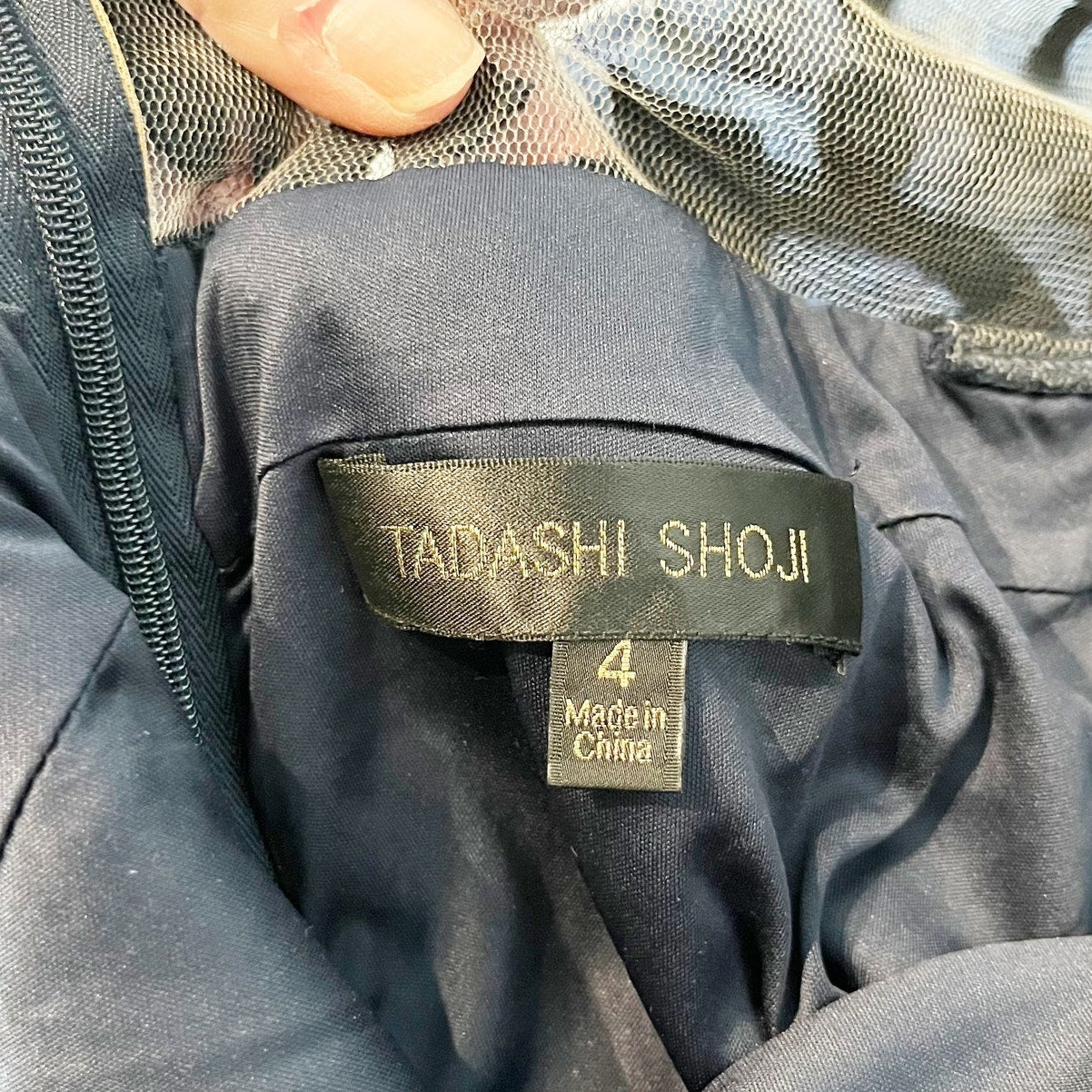 Tadashi Shoji Embroidered Banded Lace Maxi Length Gown Dress Navy Blue 4