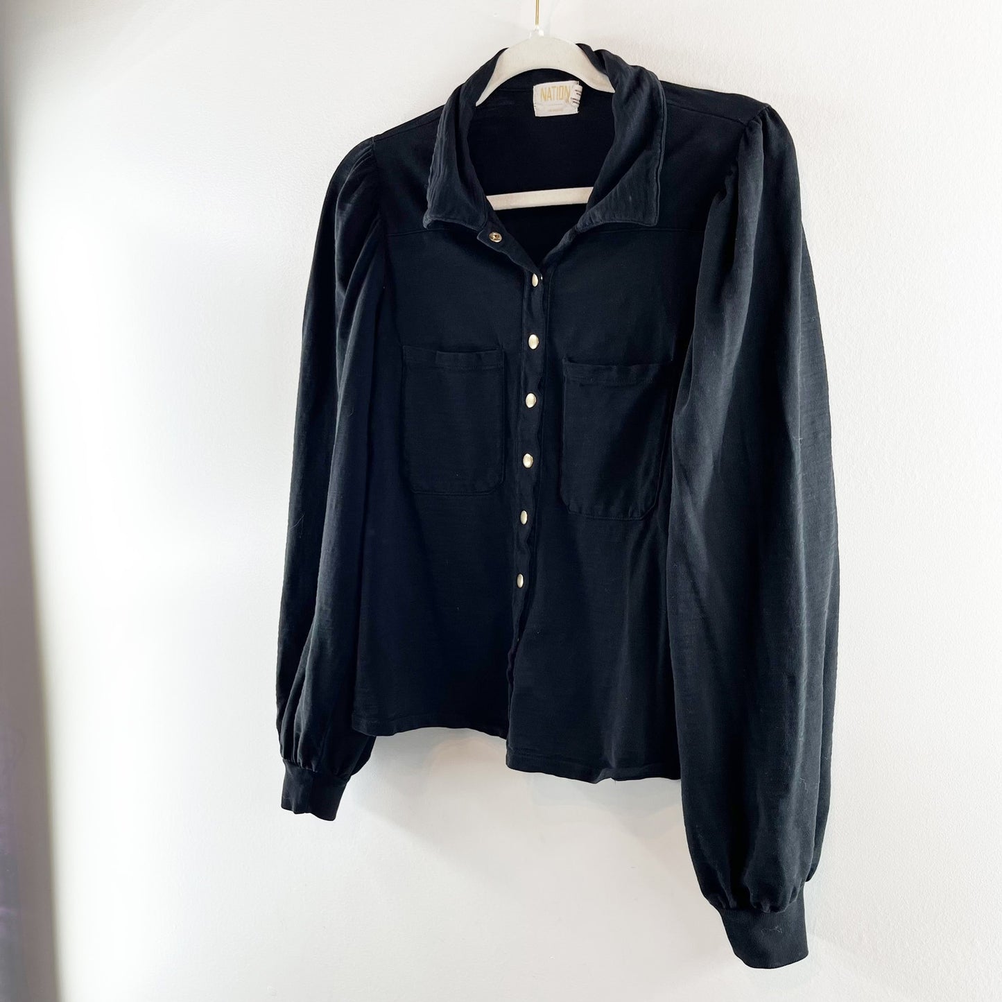 Nation LTD Desta Femme Bishop Sleeve Collared Snap Button Shirt Black Medium