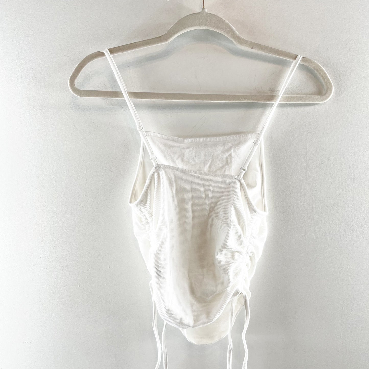 Aerie Square Neck Ribbed Side Ruched Tie Cropped Tank Top Cami White XS