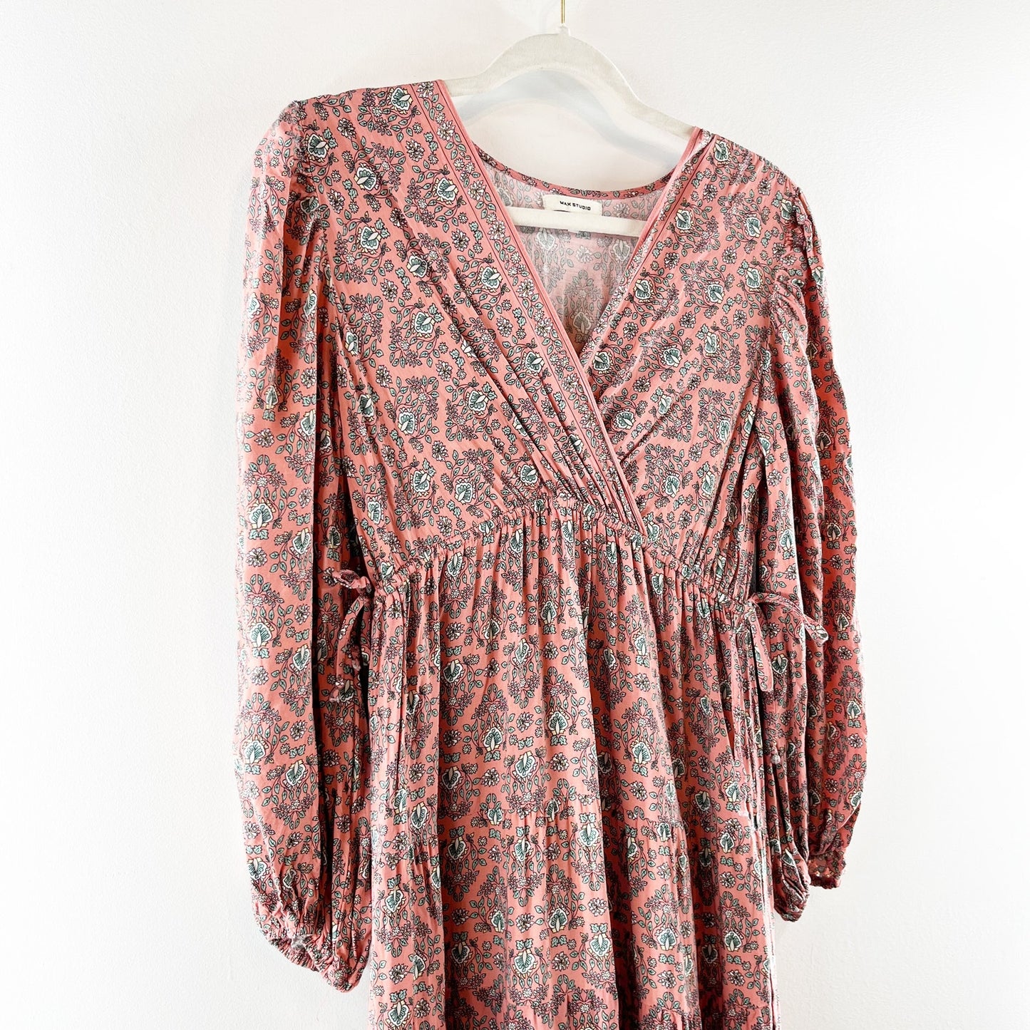 Max Studio Long Sleeve V Neck Printed Midi Dress Maroon Red Small
