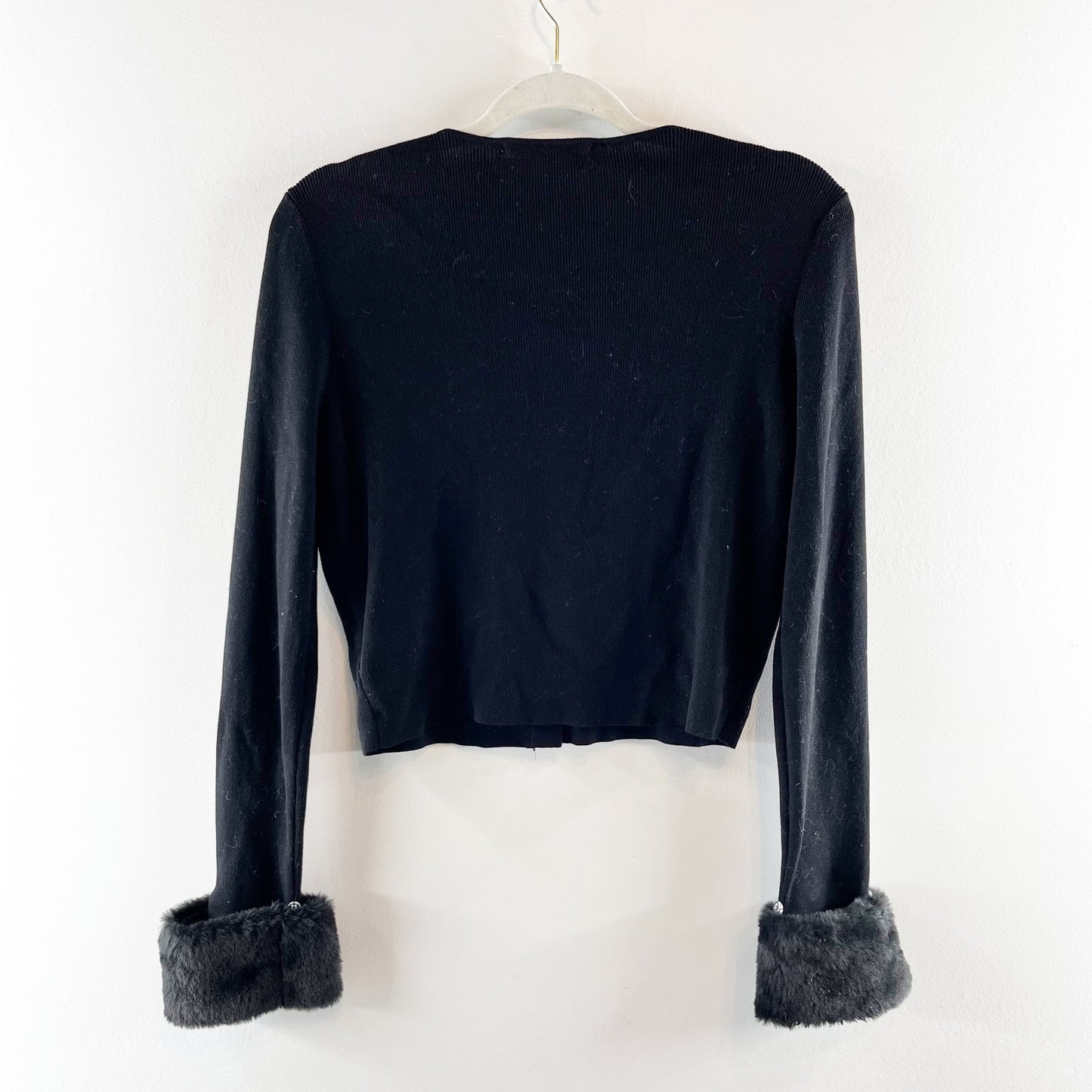 Wayf Long Sleeve Button Front Cropped Cardigan with Faux Fur Cuffs Black Medium