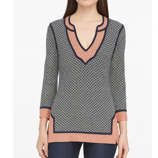 Tory Burch Colorblock Geometric Knit Tunic Sweater Top Blue Orange Small