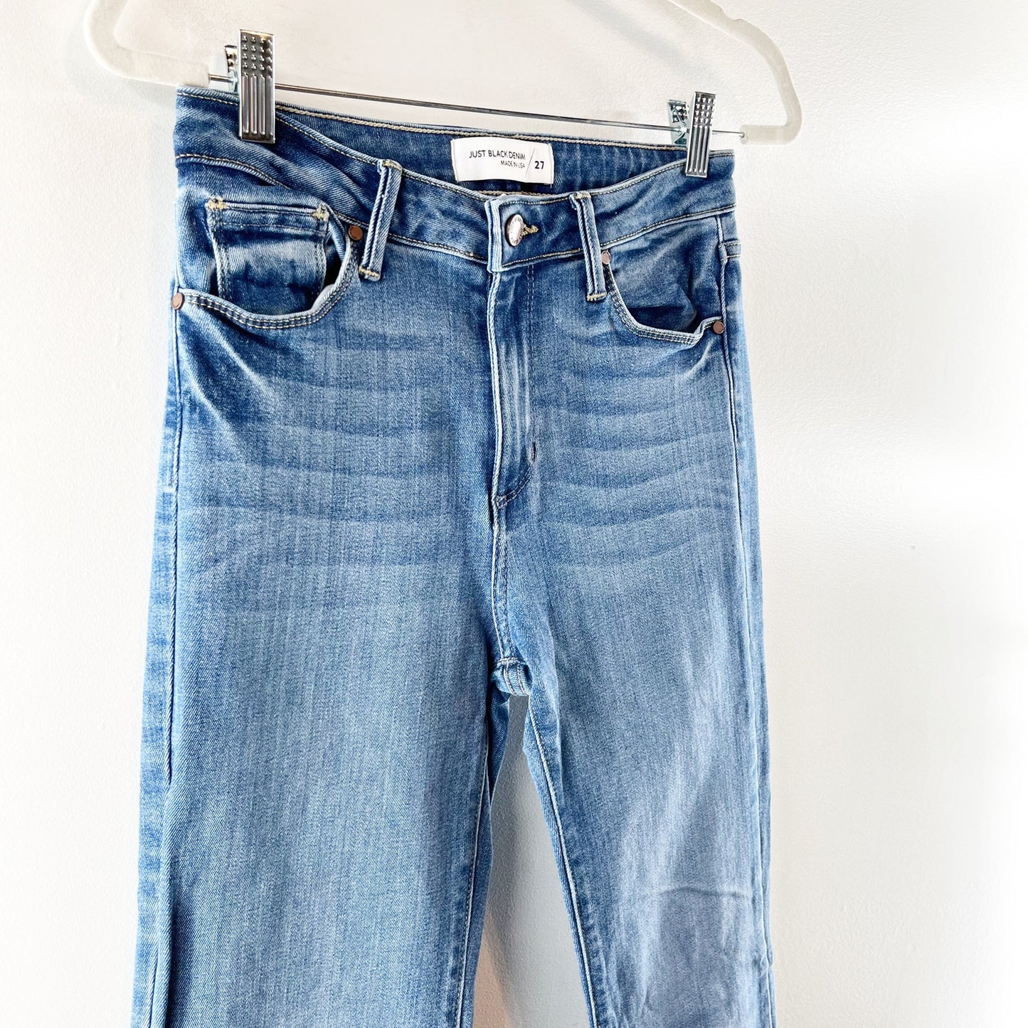 Just Black Denim Mid Rise Fall Flare Raw Hem Jeans Medium Wash Blue 27