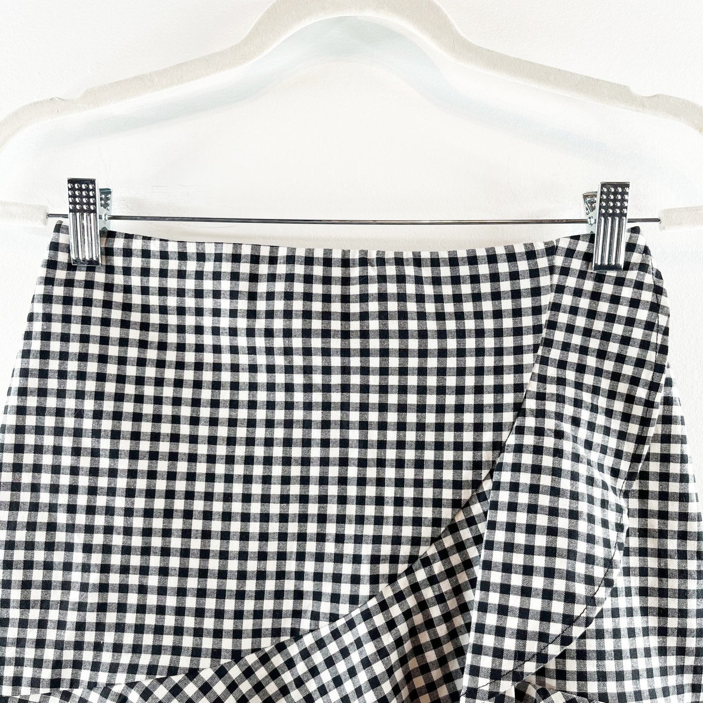 H&M Wrap Front Ruffle Hem Gingham Mini Skirt Black White 6