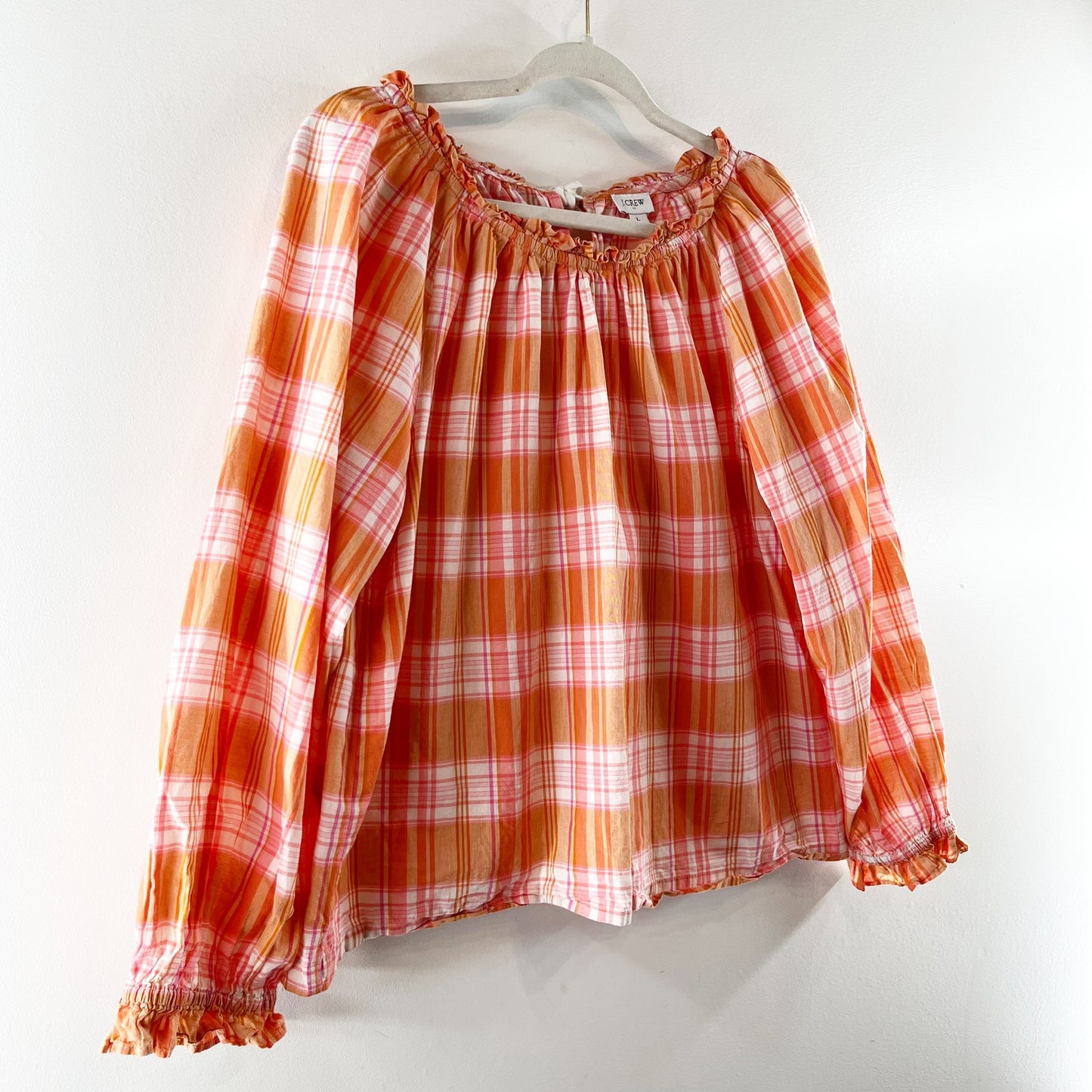 j. Crew Long Sleeve Ruffle Tie Back Plaid Cotton Blouse Top Orange Pink Large