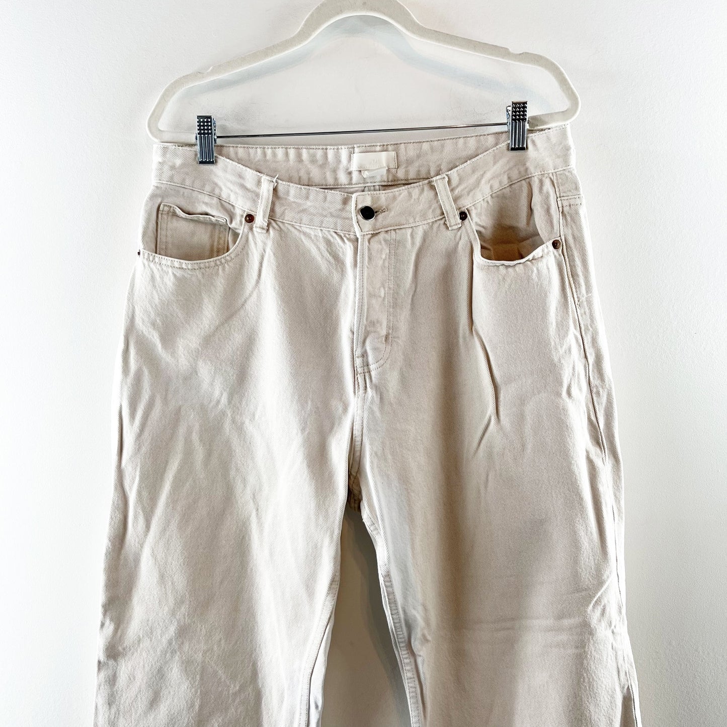 H&M High Rise Cotton Button Fly Straight Leg Jeans Cream Bone 14