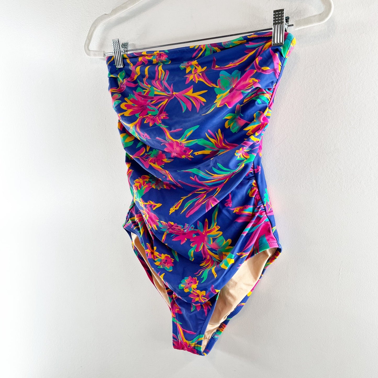 J. Crew Floral Printed Strapless One Piece Swimsuit Blue Small