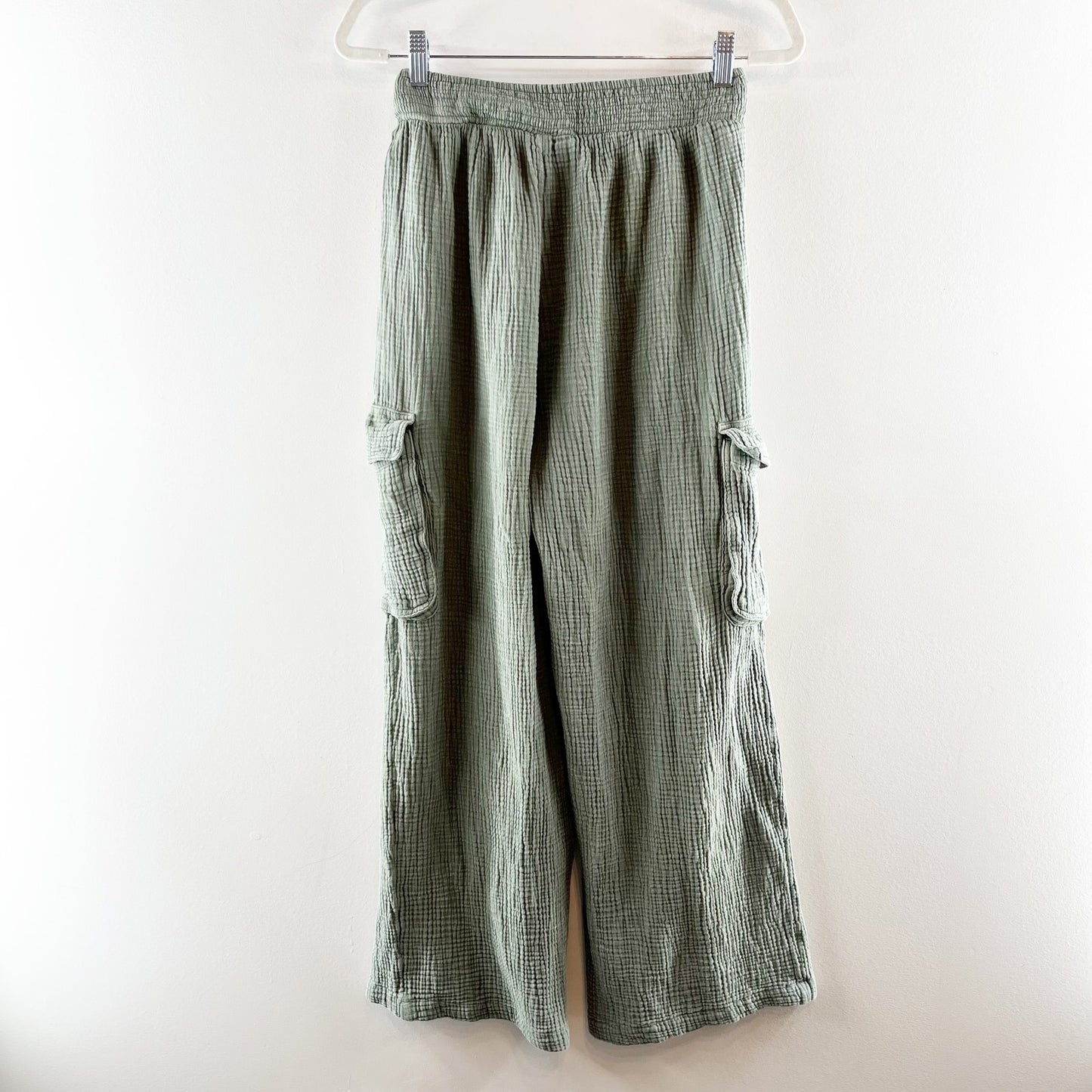 Aerie Pool to Party Gauzy Cotton High Rise Wide Leg Cargo Pants Green Small