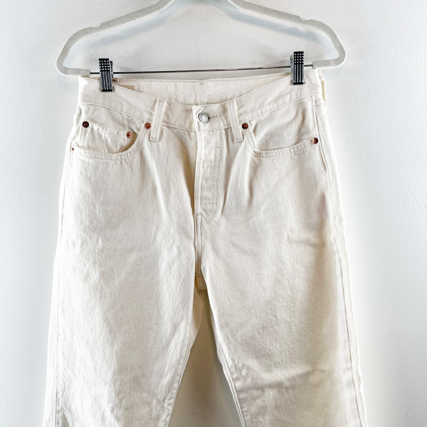 Levi's 501 Original Cropped High Rise Cotton Button Fly Jeans Ecru White 28