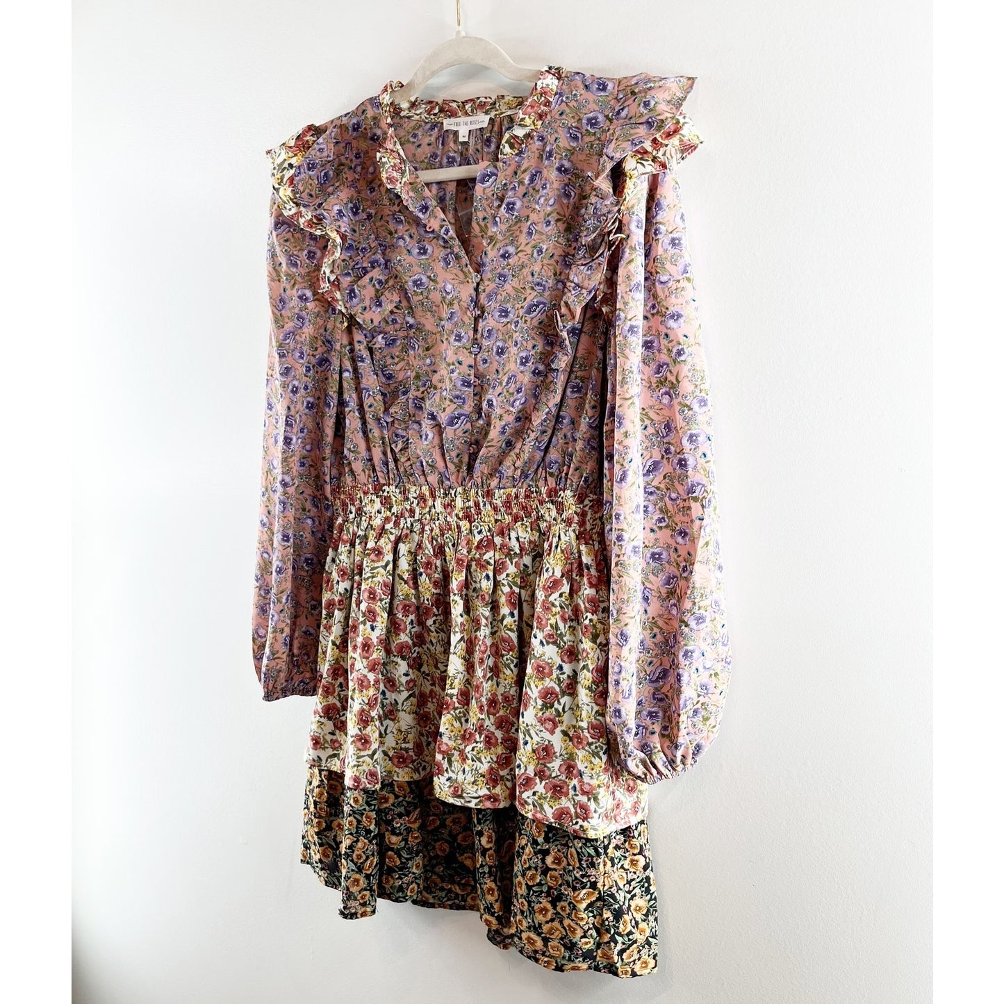 Free The Roses Long Sleeve Floral Tiered Ruffle Mini Dress Purple Cream Medium