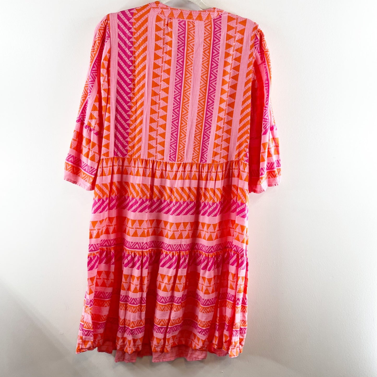 GOA Beachwear By Japna 3/4 Sleeve Printed Mini Babydoll Dress Pink Orange Medium
