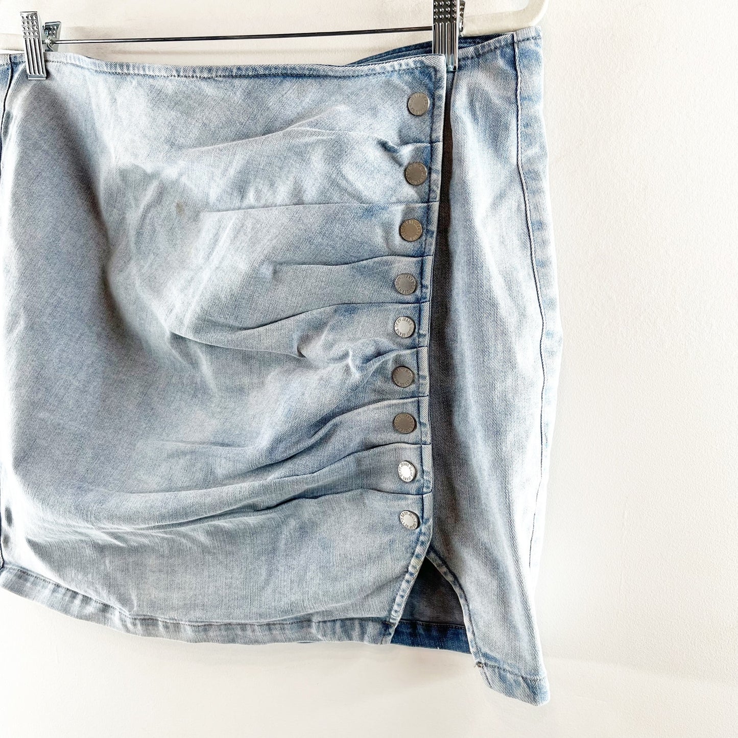 DKNY Ruched Side Button High Rise Mini Denim Jean Skirt Blue Large