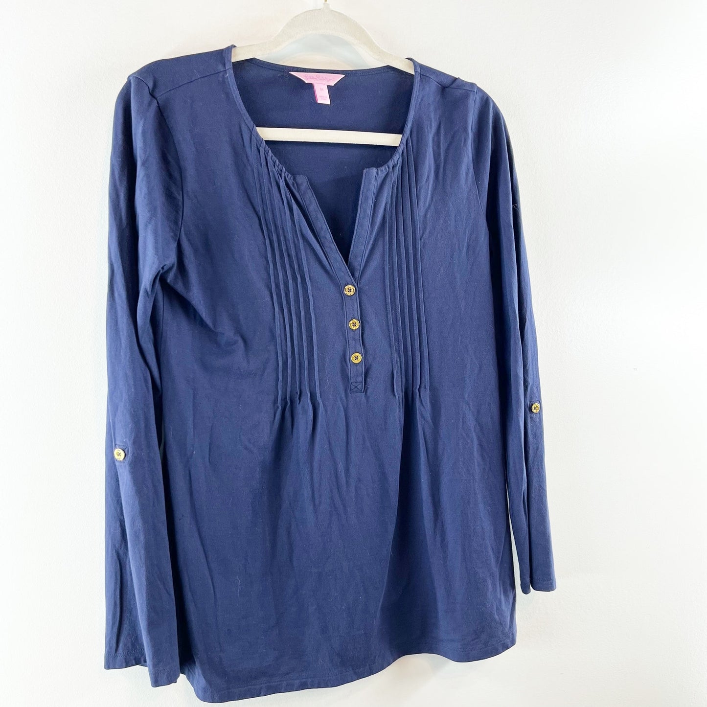 Lilly Pulitzer Pima Cotton Popover Roll Tab Sleeves Pintuck Henley Top Navy Med