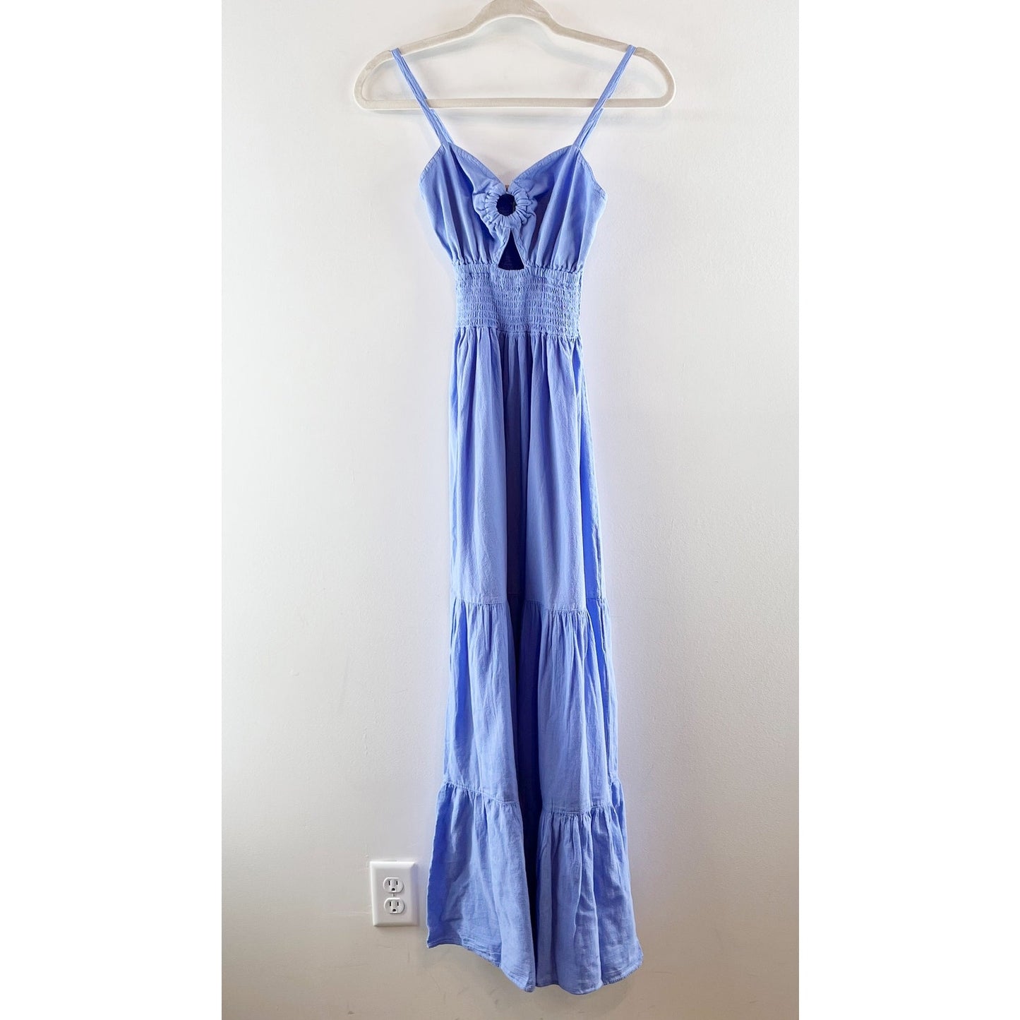 Blanco by Nature Nora Smocked Waist Tiered Cutout Maxi Dress Azure Blue Medium