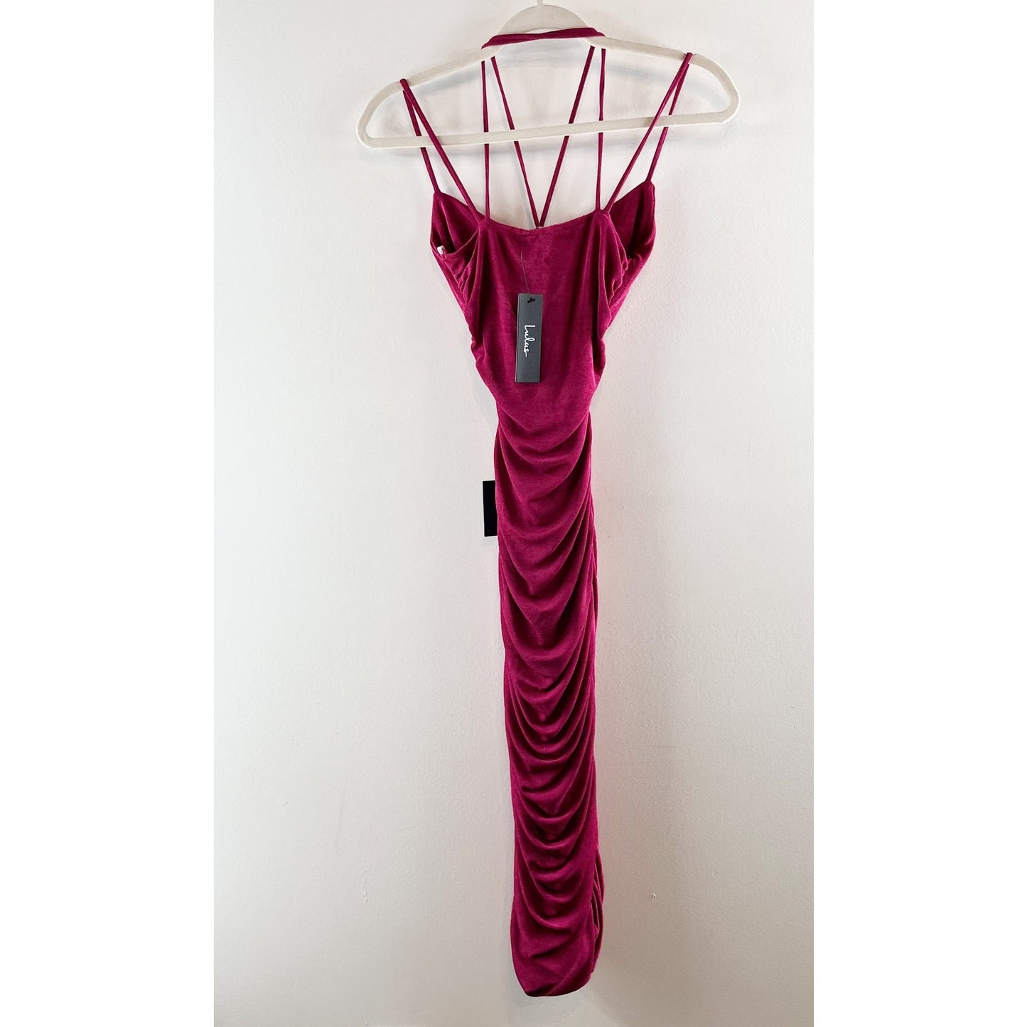 Lulus Such A Serve Ruched Strappy Bodycon Midi Dress Magenta Pink XS