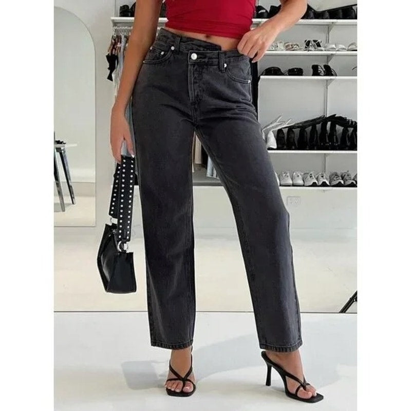 Princess Polly High Rise Crossover Waist Button Fly Straight Leg Jeans Black 6