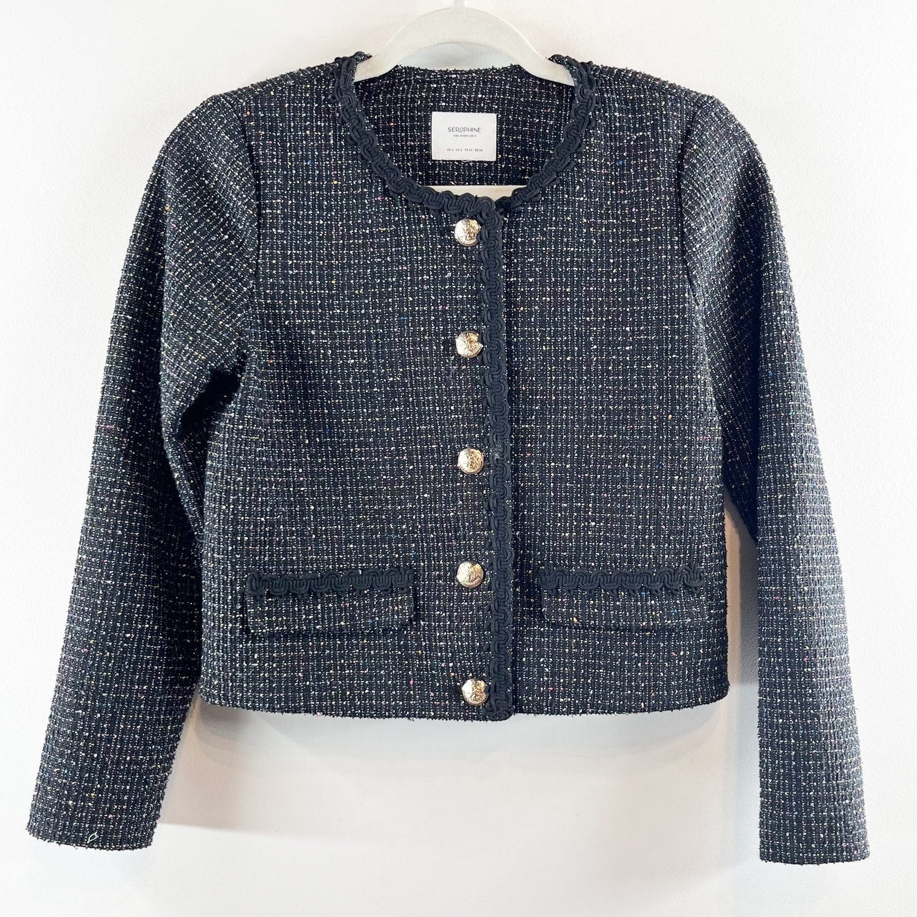 Seraphine Long Sleeve Tweed Cropped Blazer Jacket Black 2