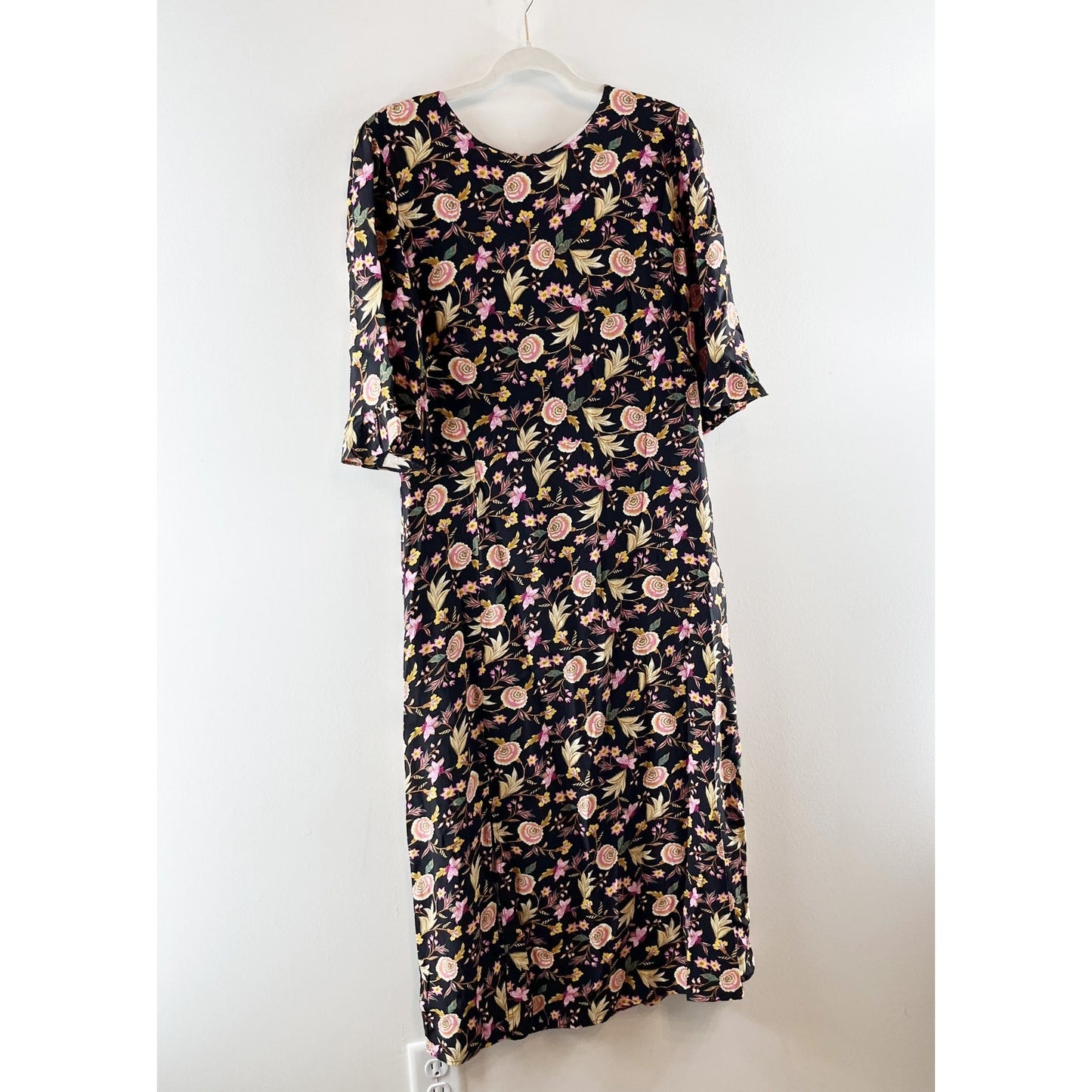 LOFT Floral Print Ruffle Sleeve Side Slit Viscose Shift Midi Dress Black 12