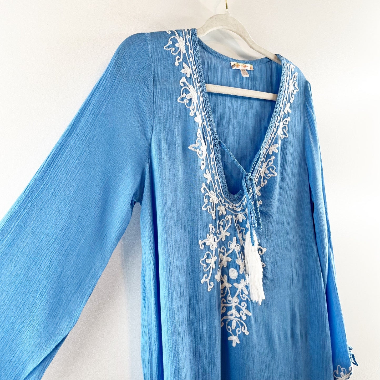 Rise and Bloom Embroidered Long Sleeve Tie Neck Maxi Dress Blue Medium