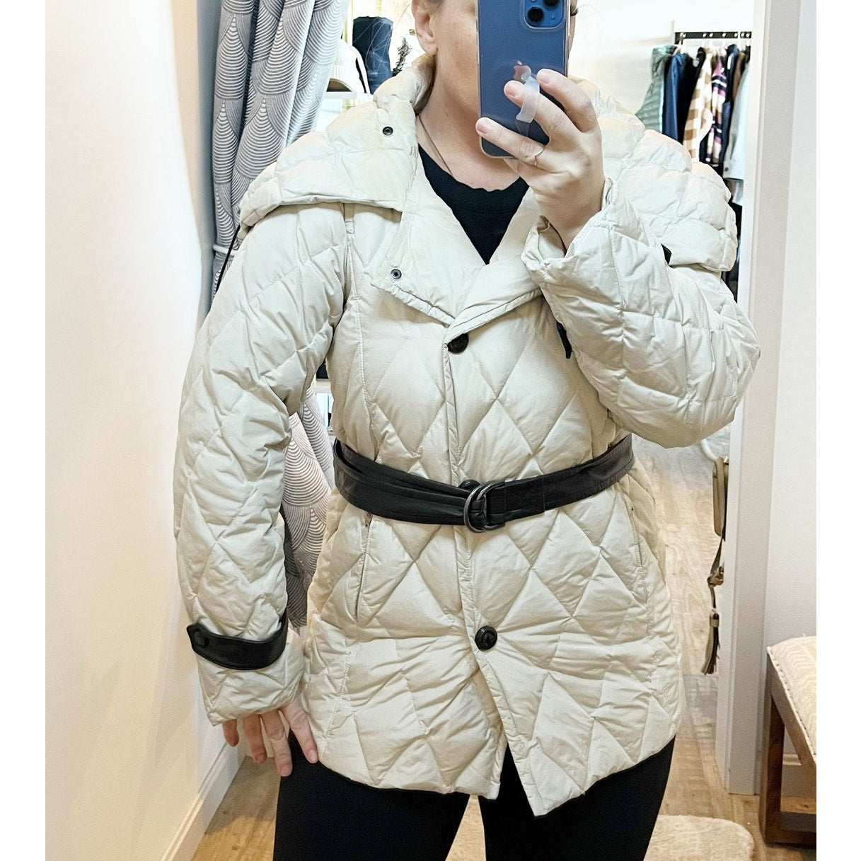 Max Mara Quilted Down Oversized Collar Belted Puffer Coat Jacket Cream 6