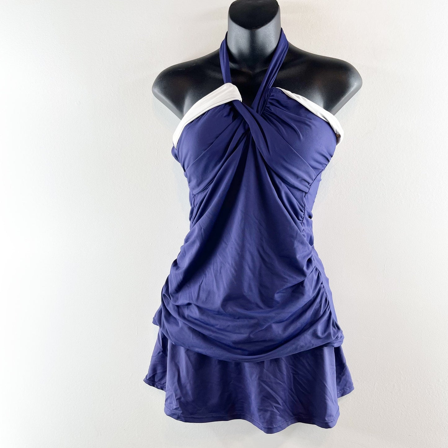 Anne Cole Two Piece Twist Front Halter Tankini Skirt Bikini Set Blue M / L