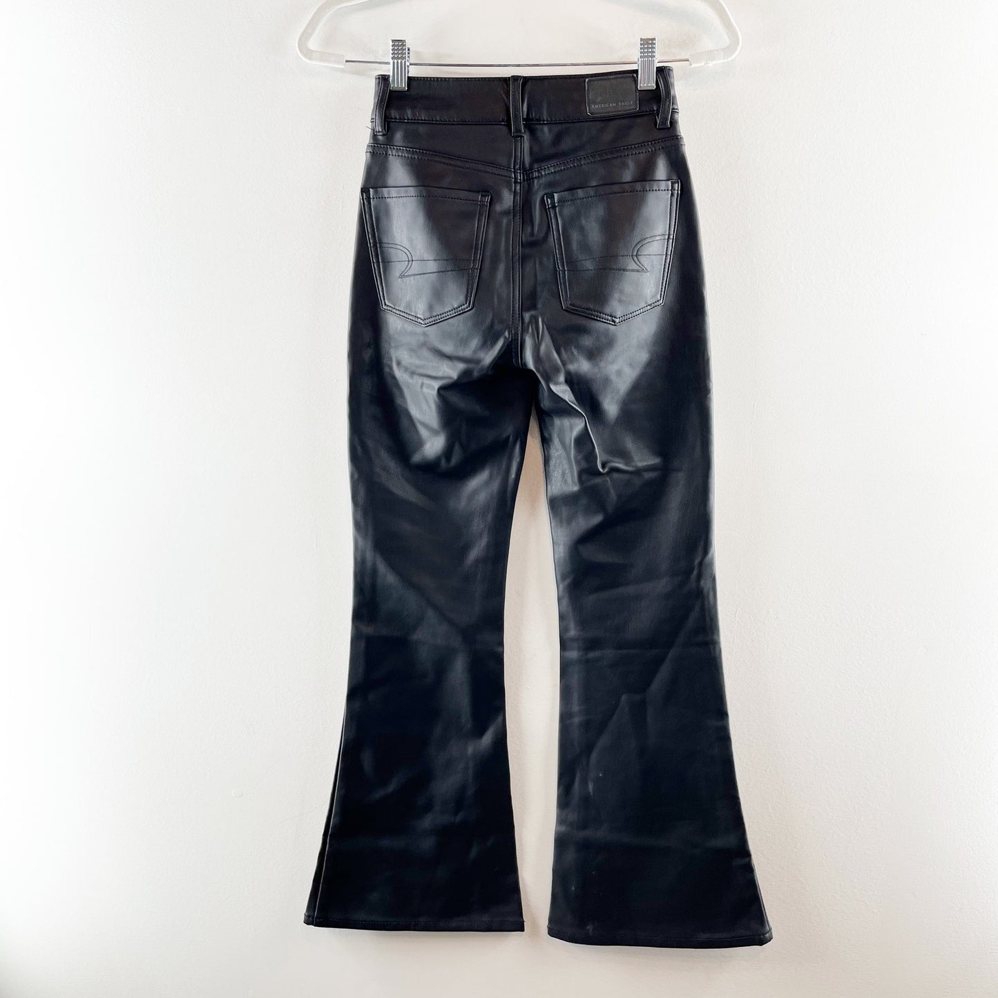 American Eagle Super High Rise Flare Faux Leather Pants Black 00 Short