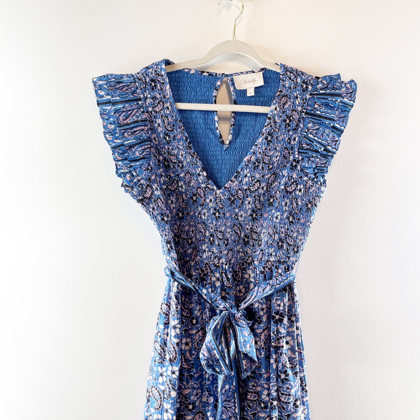 Cleobella Autumn Belted Ruffle Sleeve Midi Dress Paisley Print Blue Medium