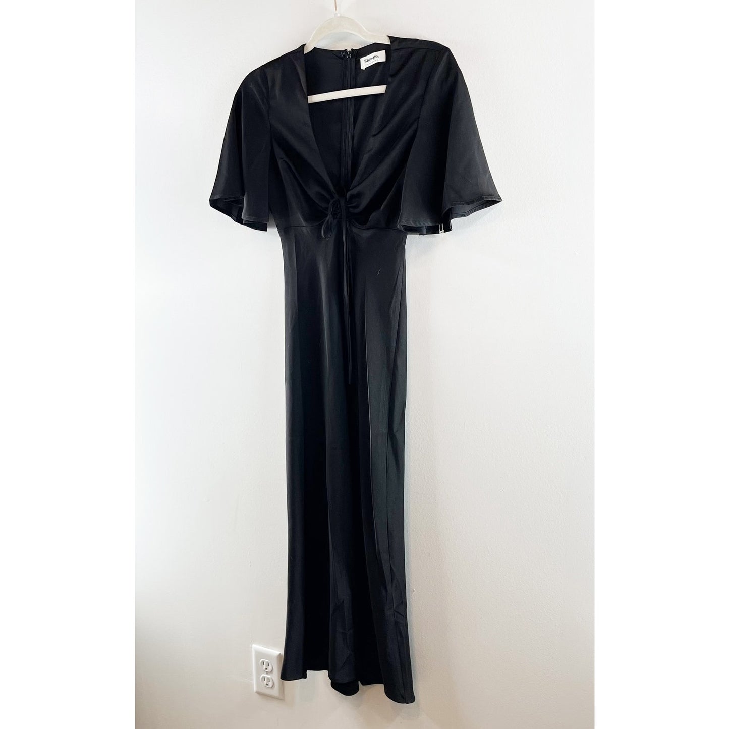 Showpo. Nicholla Short Flutter Sleeve V Neck Satin Midi Dress Black 0