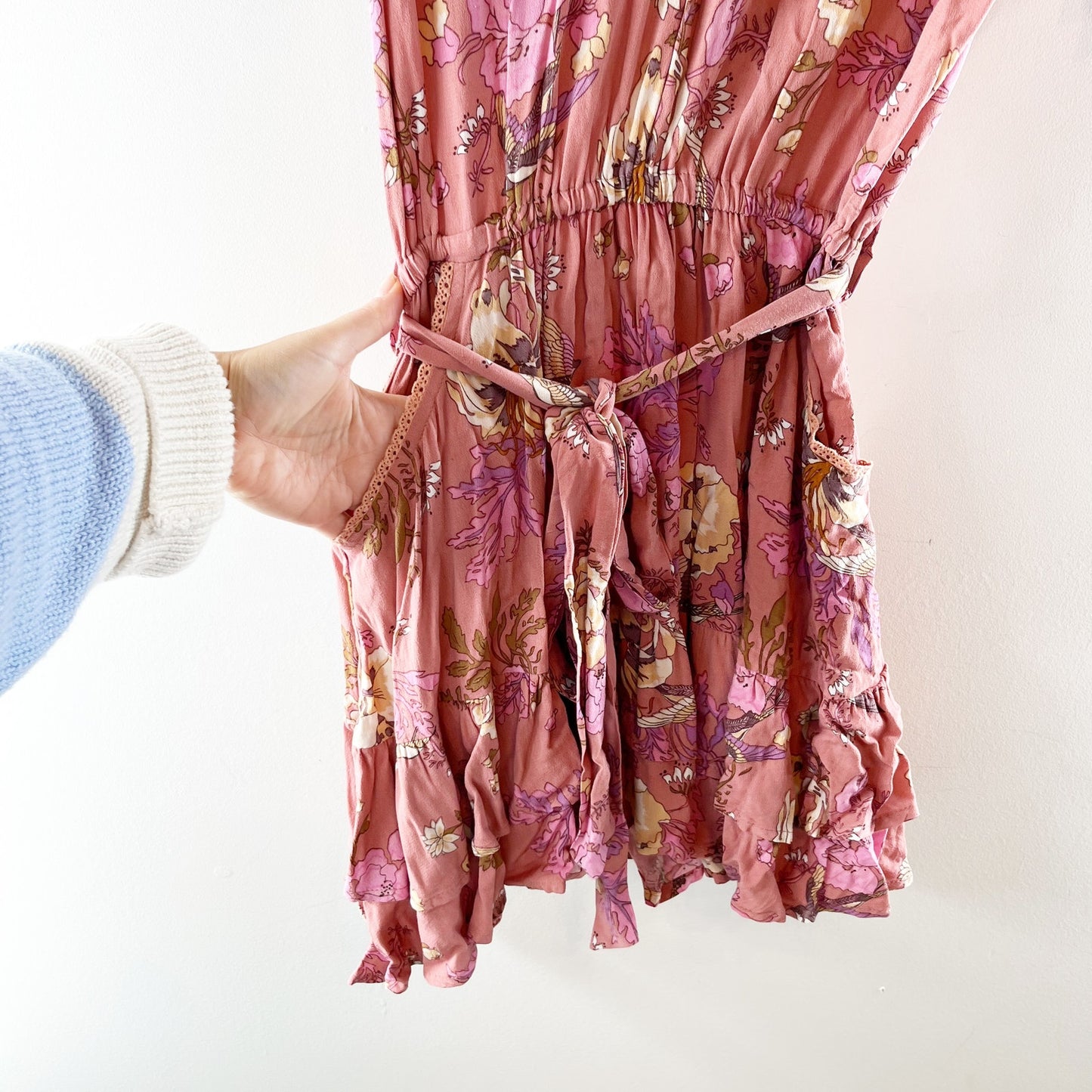 Spell and The Gypsy Rosa Play Short Sleeve Floral Belted Mini Dress Blush Pink S