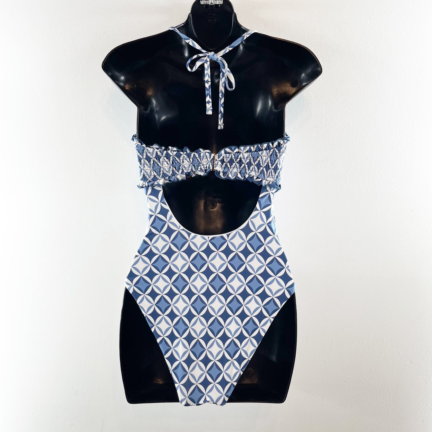 Anthropologie Iris Geometric Smocked Halter One-Piece Swimsuit Blue Small