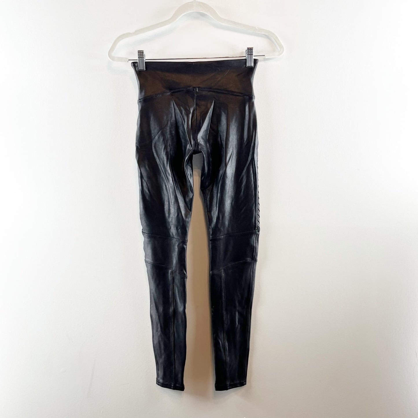 SPANX Shiny Faux Leather Slim Fit Pull On Mid Rise Moto Leggings Black Small