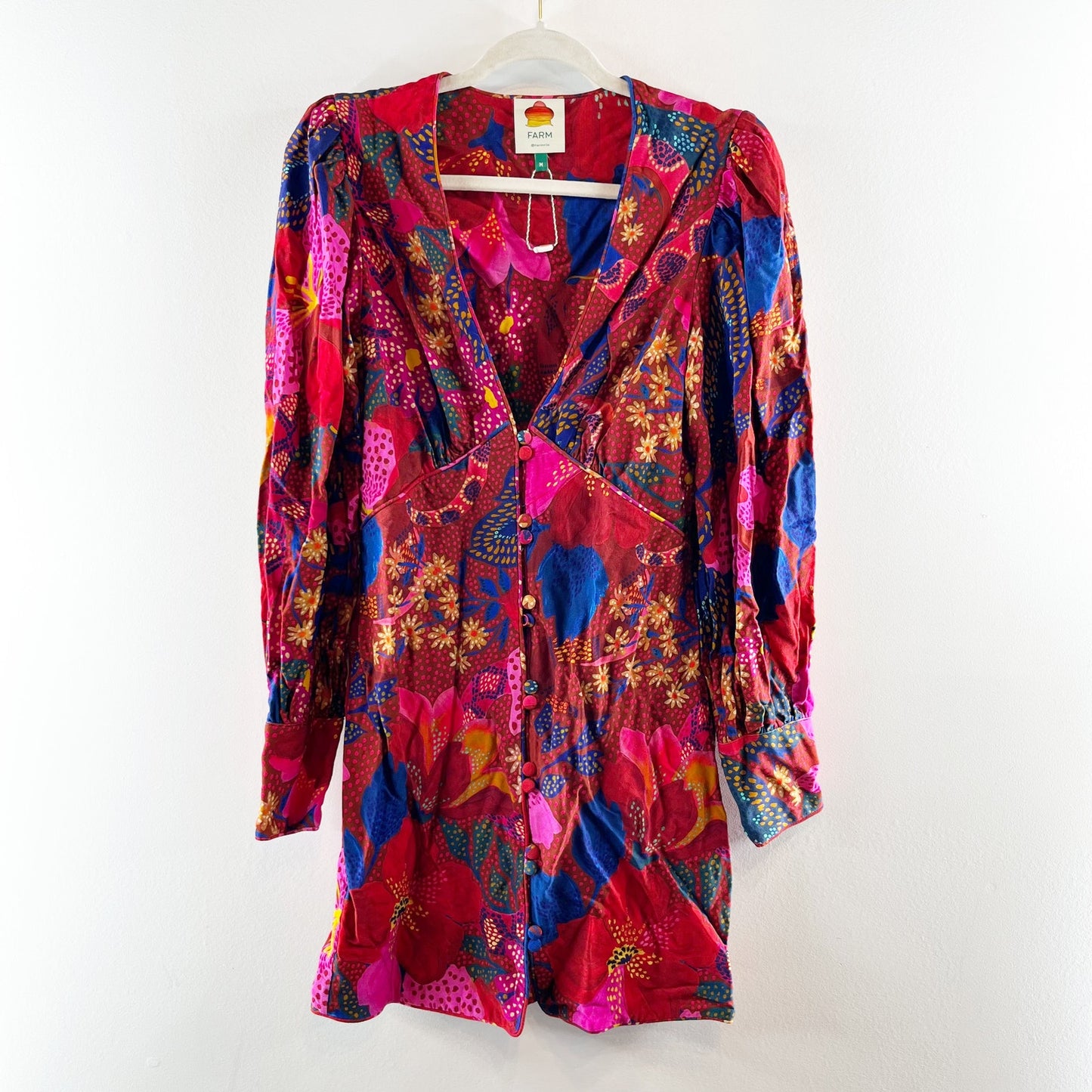 Farm Rio Red Wild Life Long Puff Sleeve Mini Dress Snake Garden Red Medium