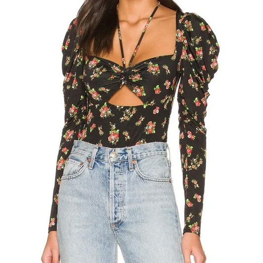 AFRM Coppelia Halter Neck Thong Bodysuit Noir Rose Garden Small