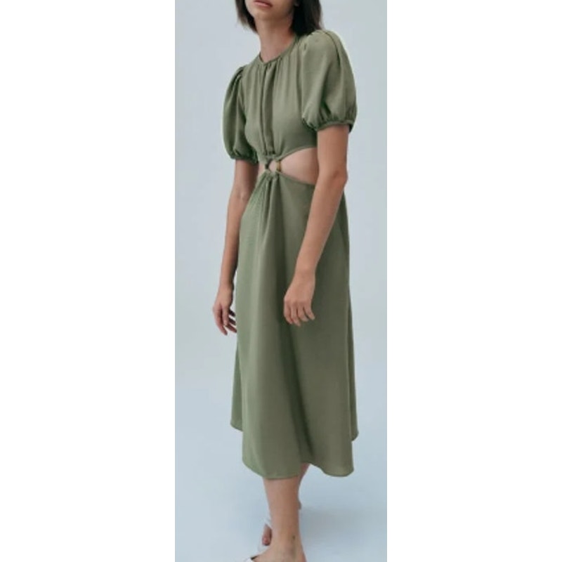Zara Short Puff Sleeve Round Neck Cut Out A-Line Midi Dress Green Small