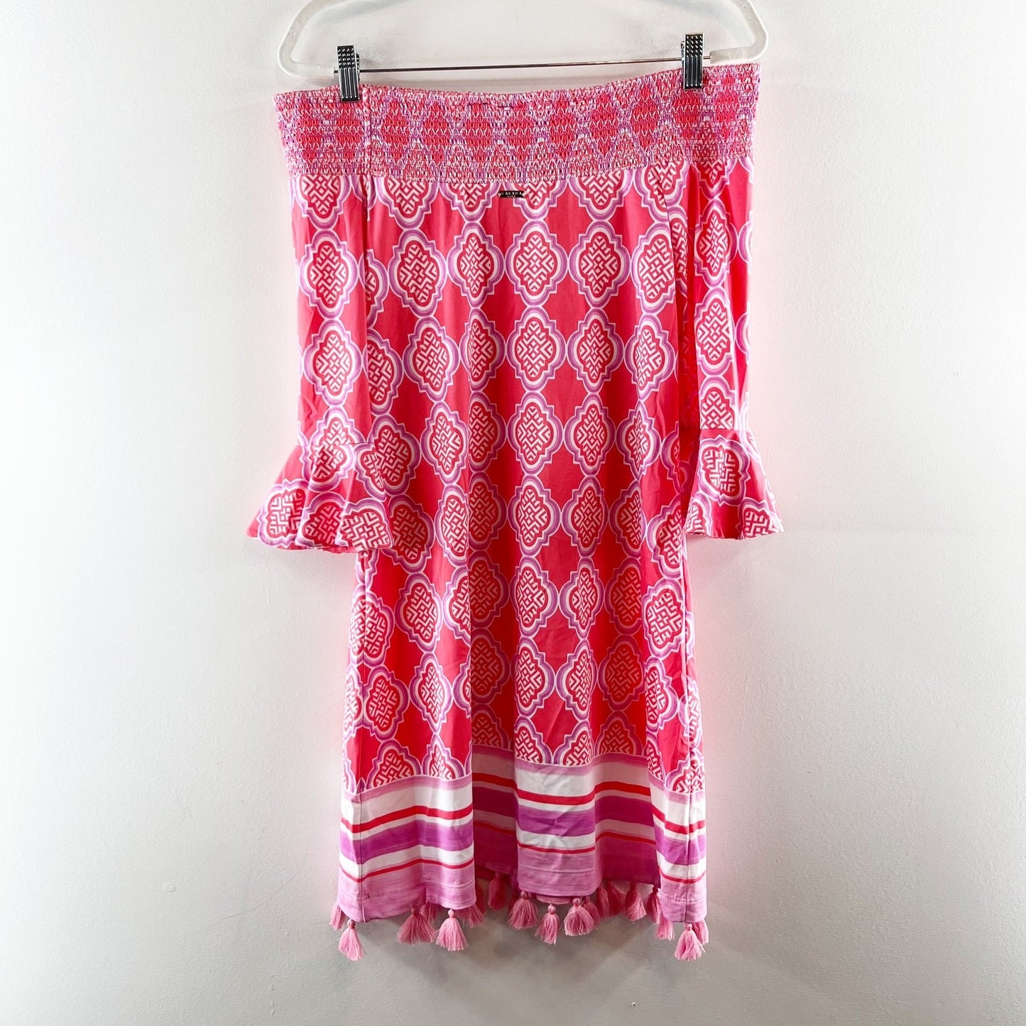 Cabana Life Geo Print 3/4 Sleeve Off Shoulder Tassel Hem Mini Dress Pink Medium