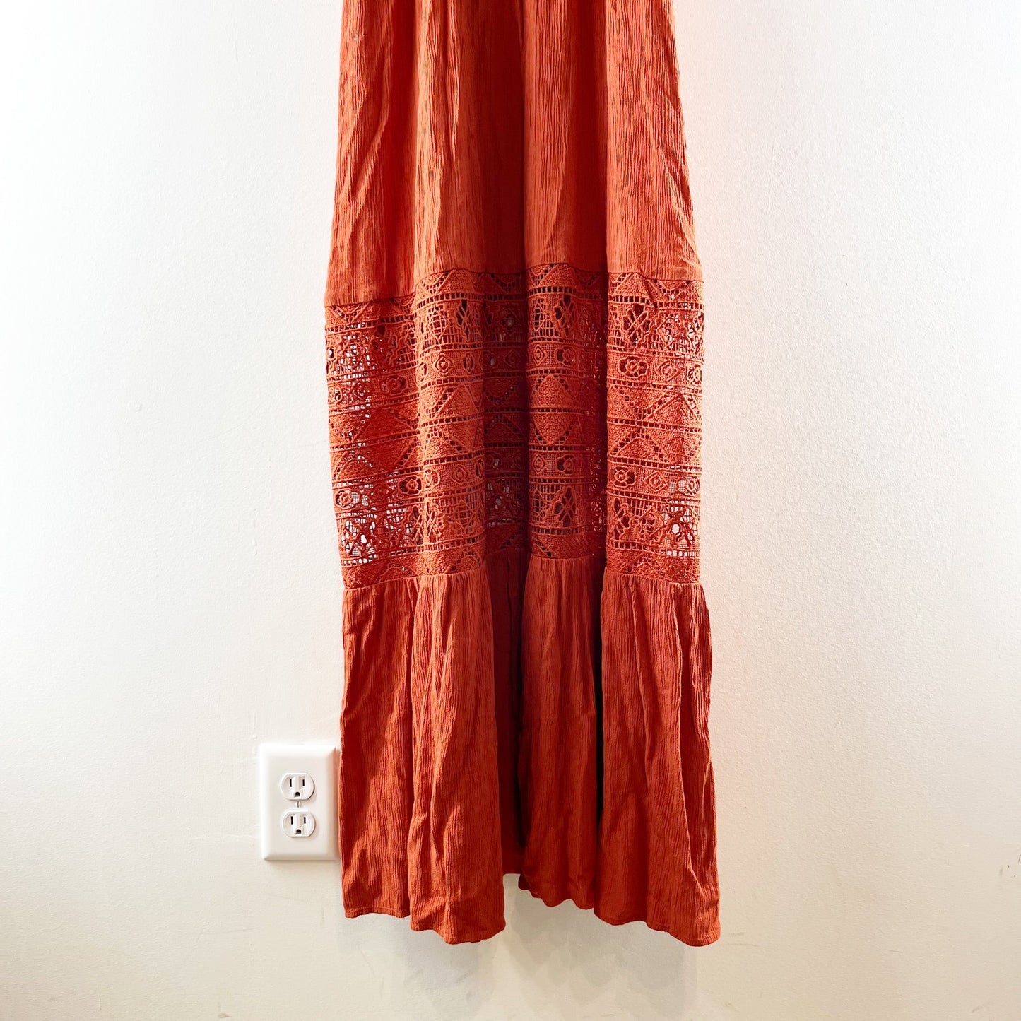 American Eagle Tie Front Crochet Maxi Dress Burnt Orange Rust Small