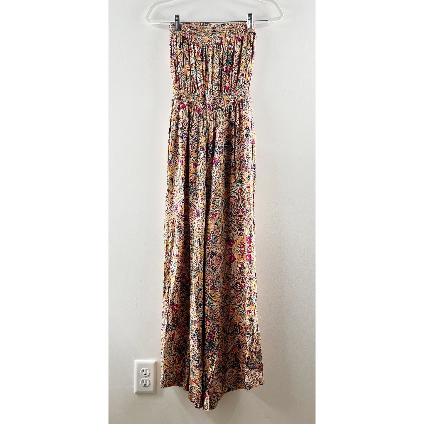 Evereve Strapless Smocked Wide Leg Paisley Print Jumpsuit Orange Red Medium