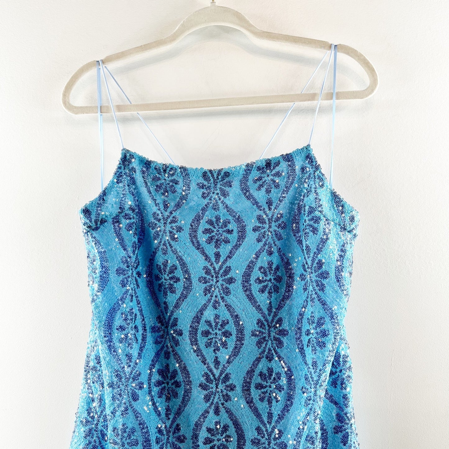 Free People Retro Babe Floral Sequin Square Neck Mini Slip Dress Blue XL
