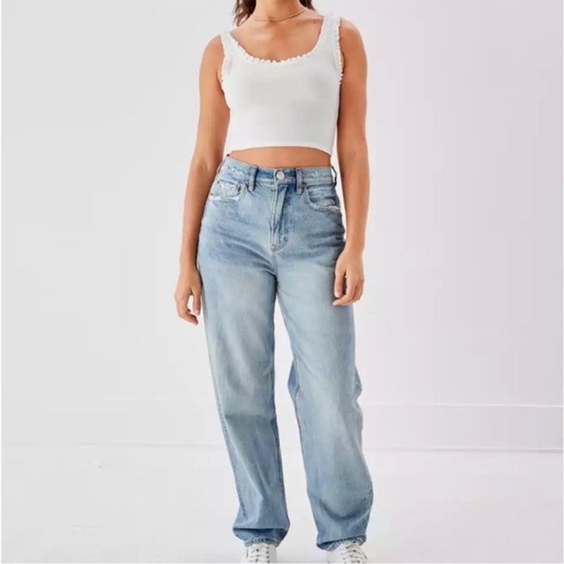 American Eagle High Rise Straight Leg Baggy Jeans Light Wash Blue 4