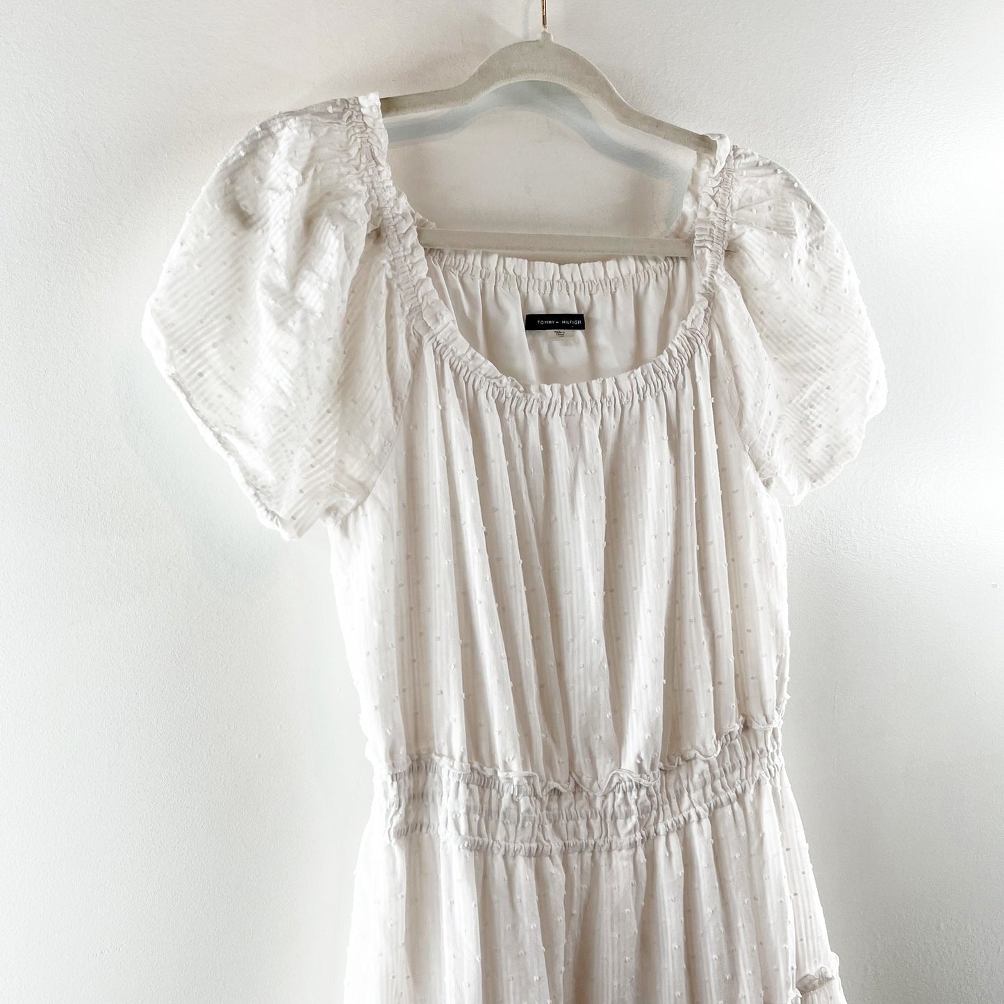 Tommy Hilfiger Cotton Puff Short Sleeve Tired Midi Dress White 10