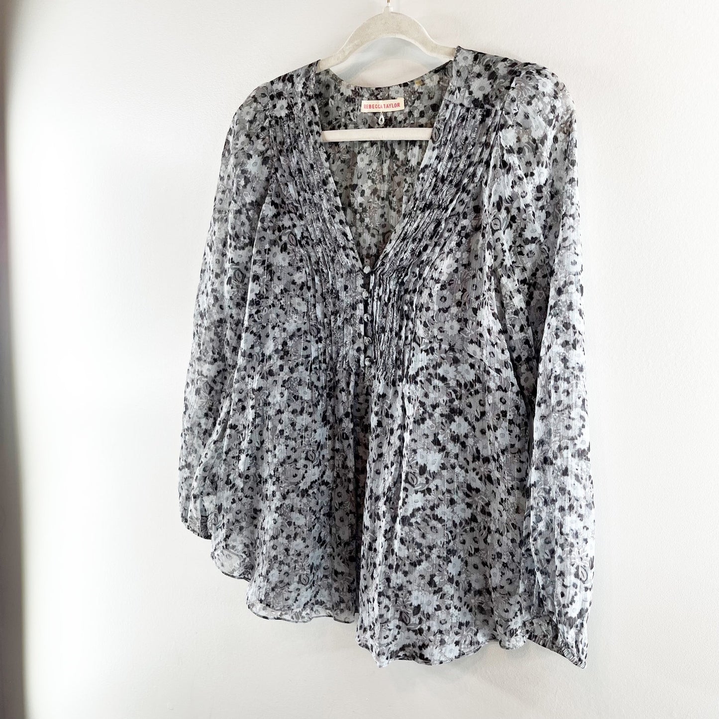Rebecca Taylor Floral Print Long Sleeve Silk Blend Button Blouse Gray Medium