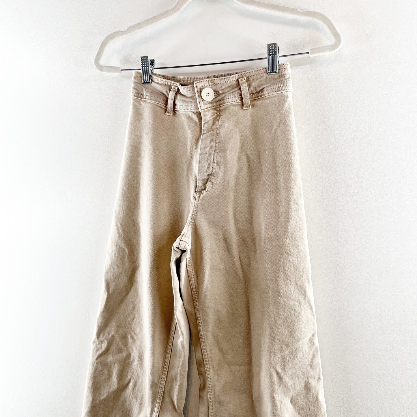 ZARA The Marine High Rise Wide Leg Raw Hem Pants Jeans Tan Khaki 2