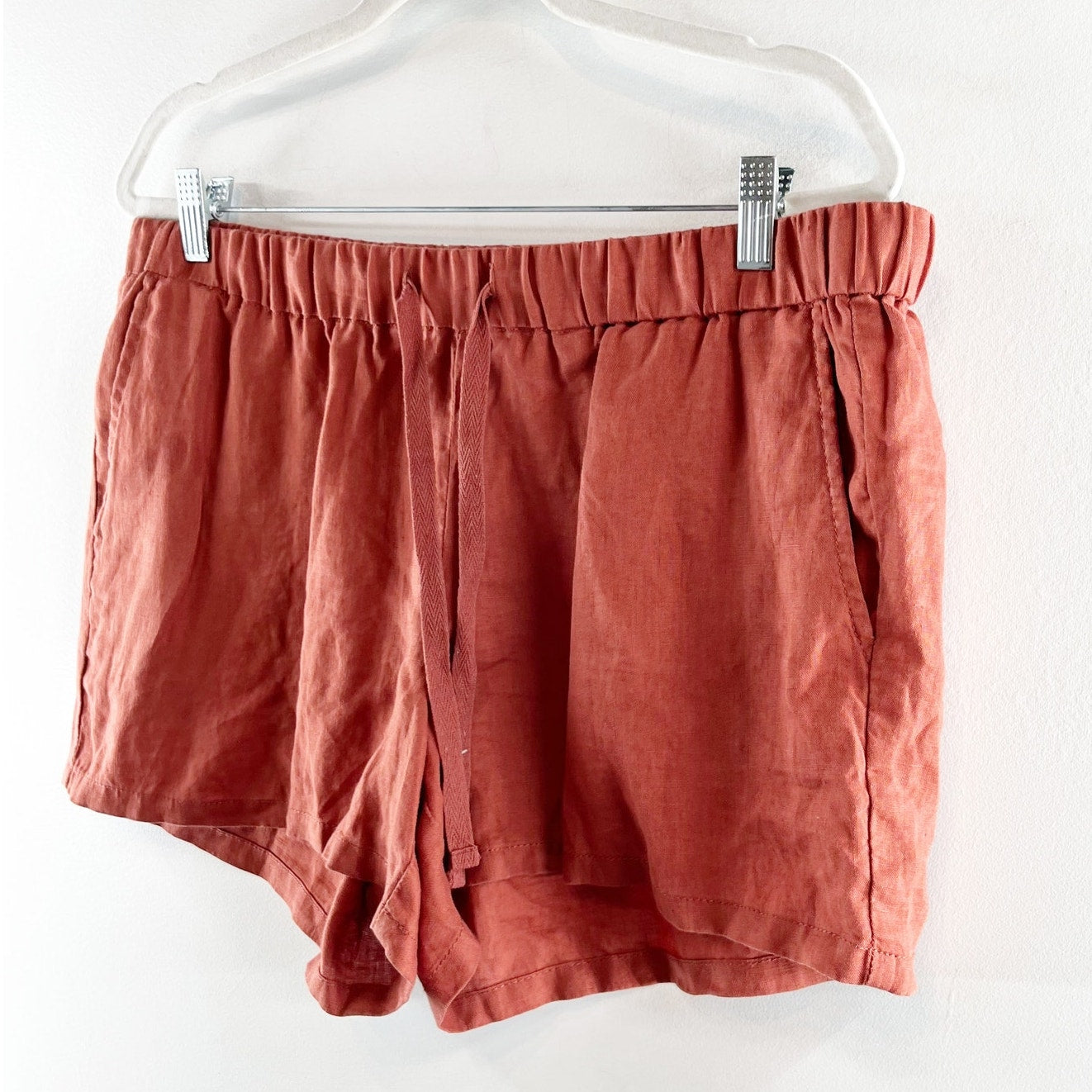 KUT From The Kloth Elastic Waist Terra Cotta 100% Linen Drawcord Shorts Red 14