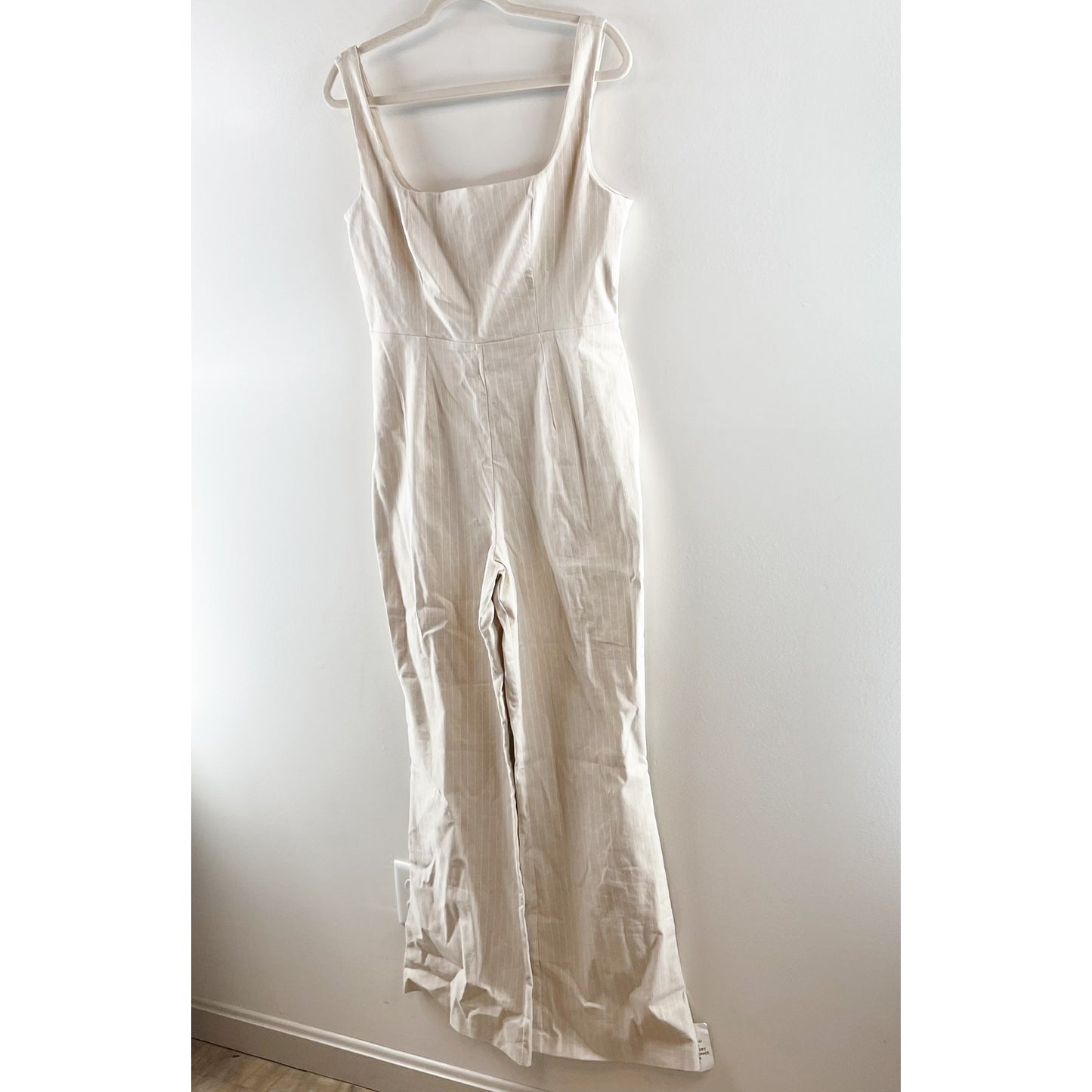 ASOS Square Neck Flare Tailored Pinstripe Jumpsuit in Stone Stripe Tan 8