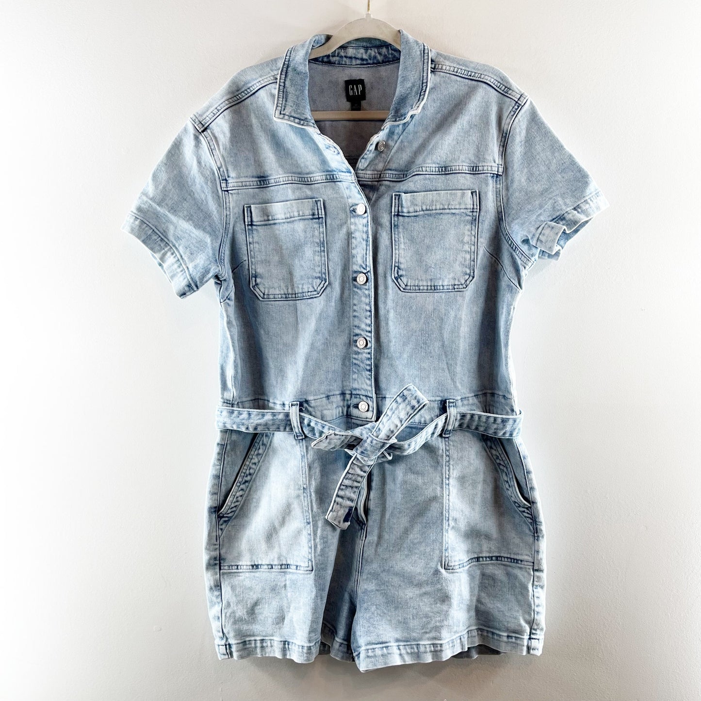 GAP Short Sleeve Tie Waist Denim Romper Light Indigo Wash Blue 20