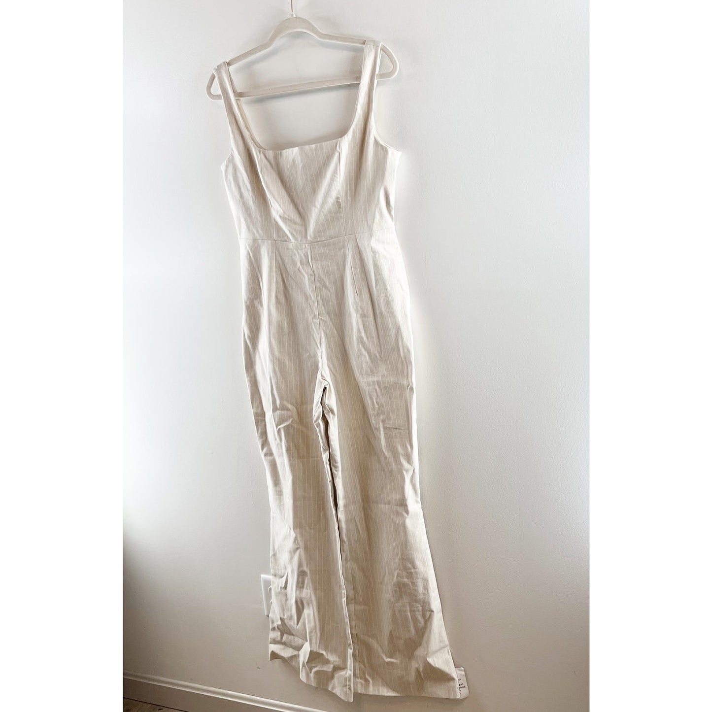 ASOS Square Neck Flare Tailored Pinstripe Jumpsuit in Stone Stripe Tan 8
