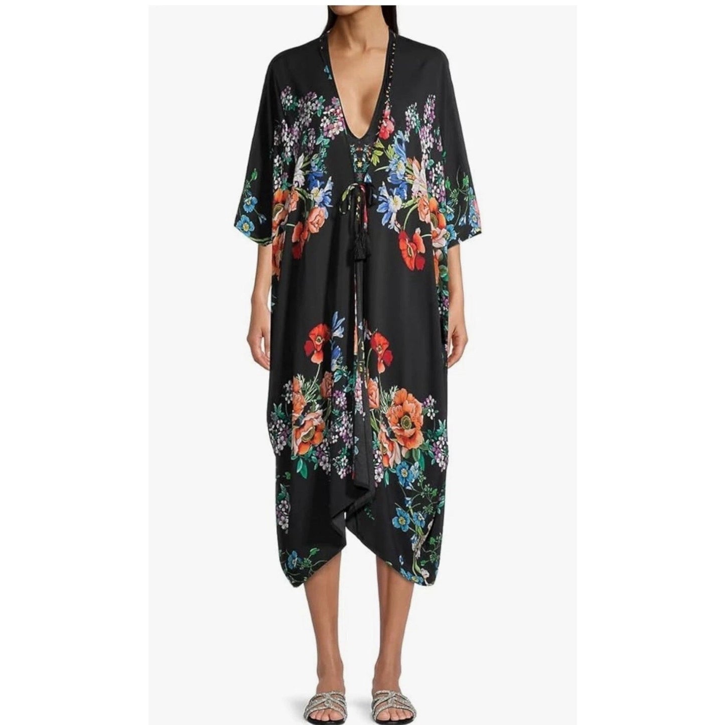 Johnny Was Flower Arch Short Sleeve Midi Kaftan Kimono Cover Up Dress Black S/M