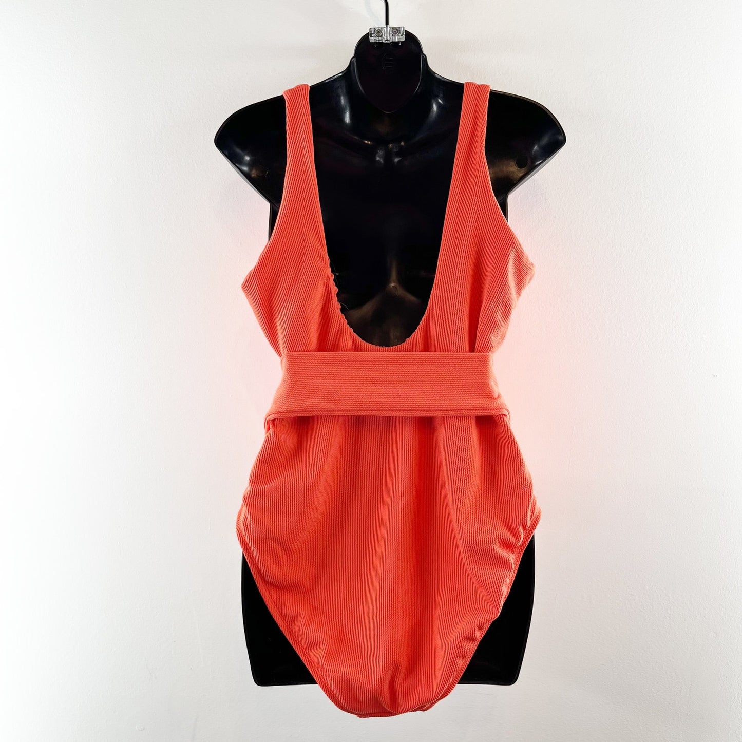 Jessica Simpson V Neck Ribbed One Piece Belted Swimsuit Orange XL