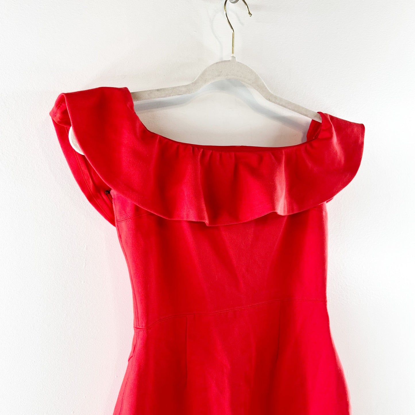 Babaton by Aritzia Emry Off The Shoulder Ruffle Trim Bodycon Mini Dress Red US 4